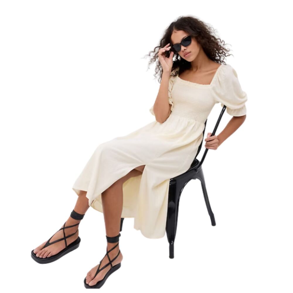Gap White Linen Blend Smocked Puff Sleeve Cottagecore Midi Dress S